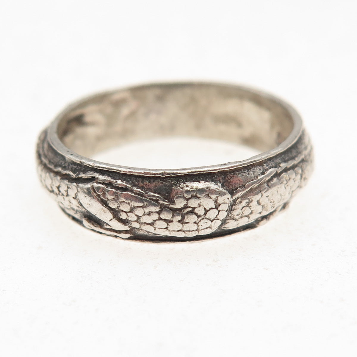 999 Fine Silver Antique Art Deco Chinese Dragon Oxidized Band Ring Size 8.75