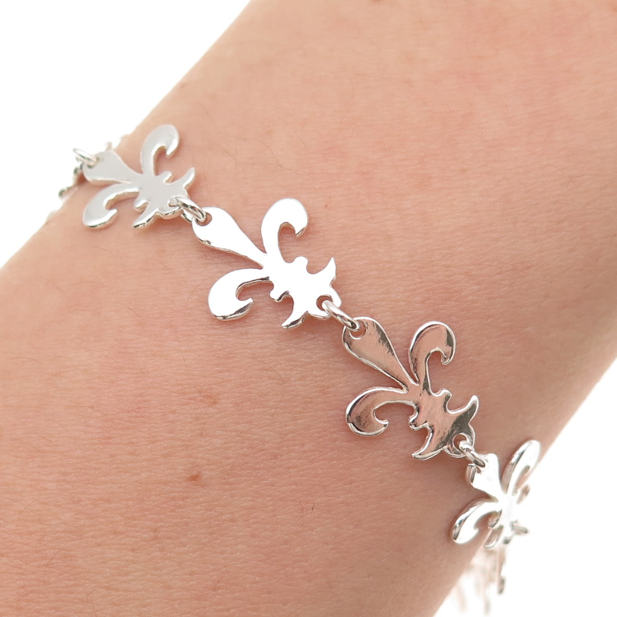 925 Sterling Silver Vintage Fleur de Lis Link Bracelet 7.25"