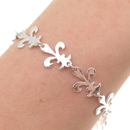 925 Sterling Silver Vintage Fleur de Lis Link Bracelet 7.25"