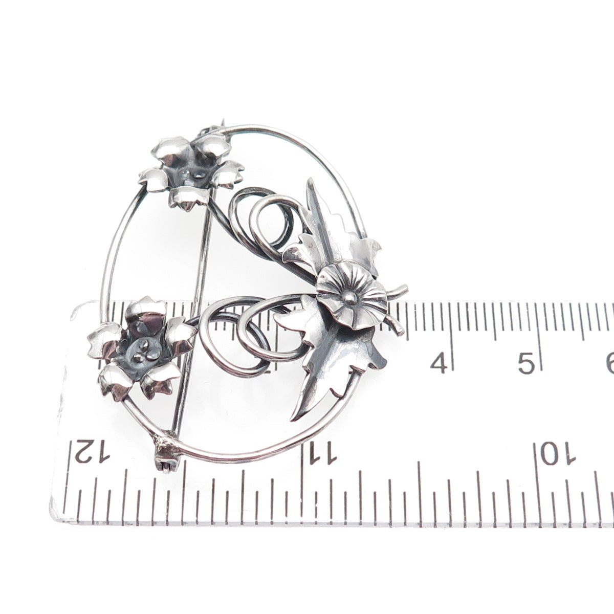 925 Sterling Silver Antique Art Deco Flower Oxidized Pin Brooch