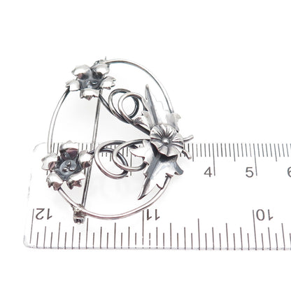925 Sterling Silver Antique Art Deco Flower Oxidized Pin Brooch