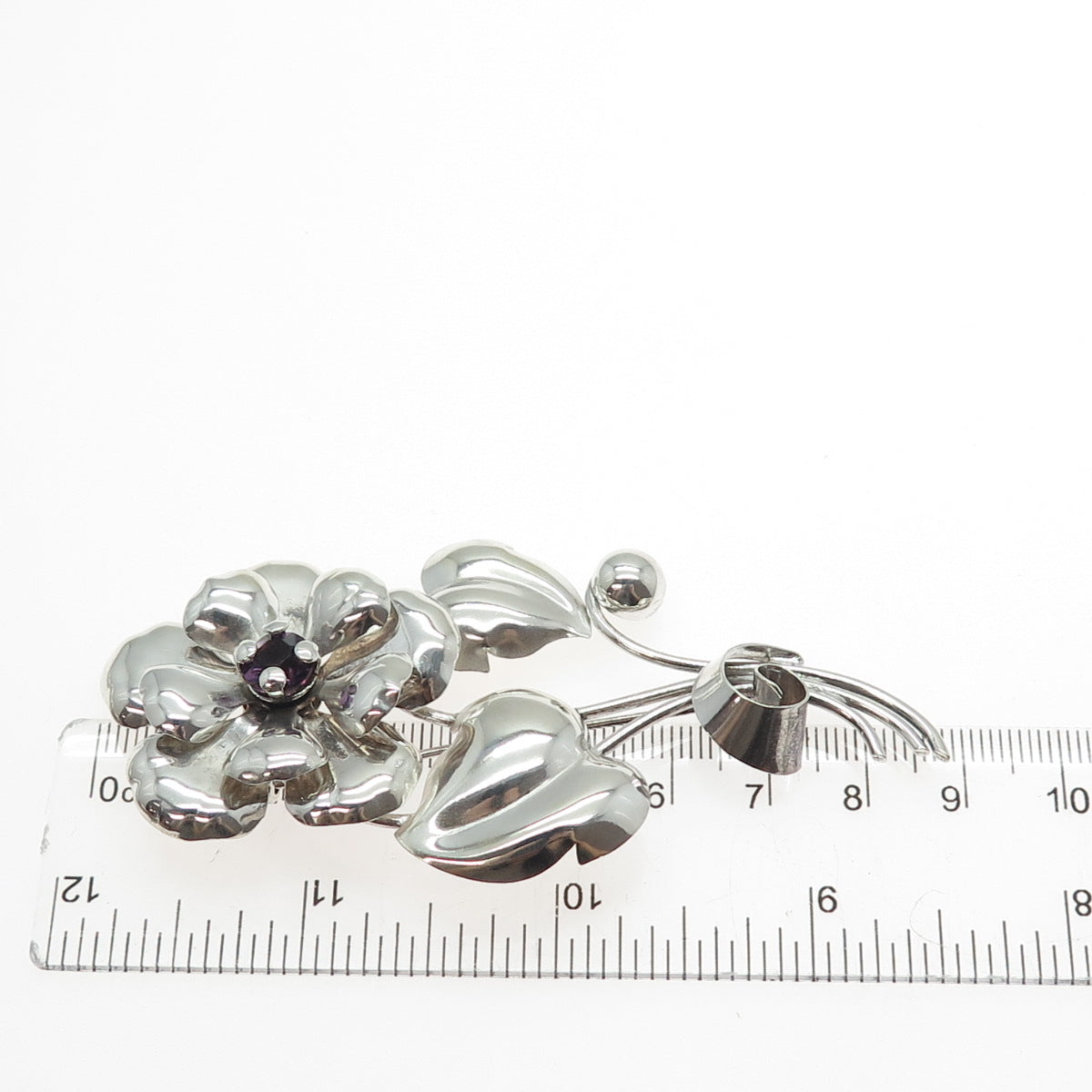 925 Sterling Silver Antique Art Deco Purple Rhinestone Flower Oxidized Brooch