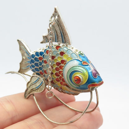 925 Sterling Silver Antique Enamel Articulated Chinese Koi Fish Chatelaine Fob