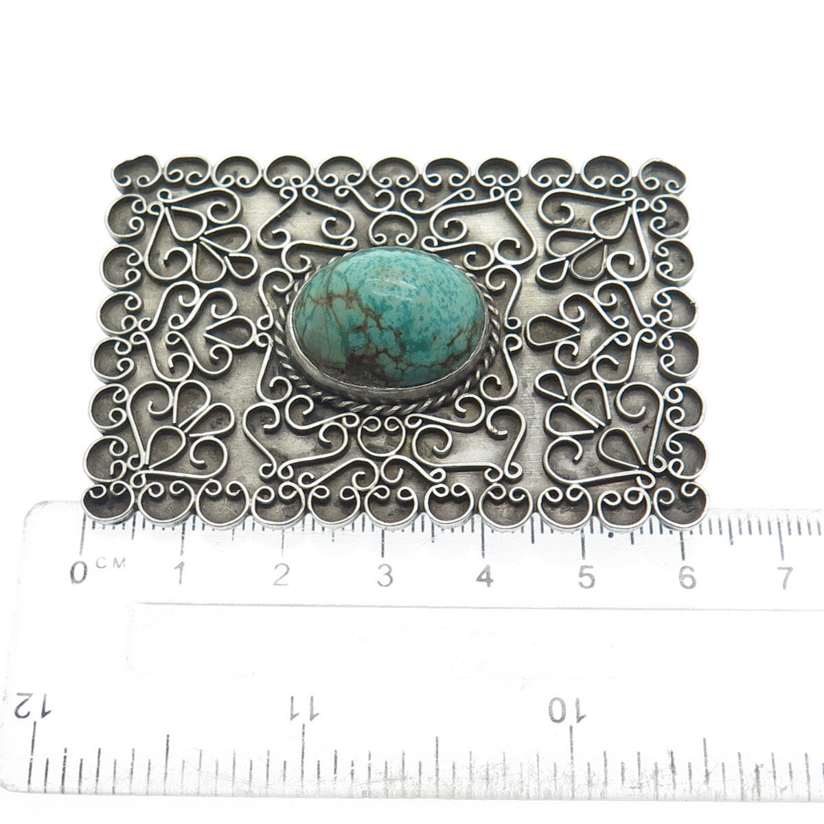 925 Sterling Silver Vintage Kingman Turquoise Gem Ornate Oxidized Pin Brooch