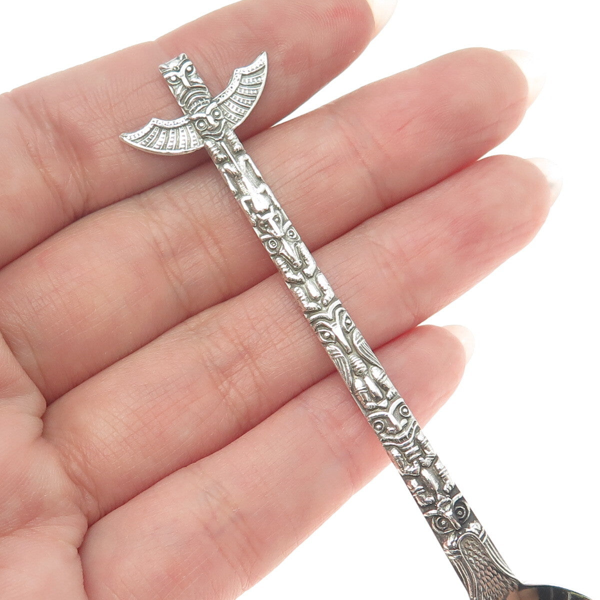 JOSEPH MAYER 925 Sterling Silver Antique Art Deco Alaska Totem Pole Coffee Spoon