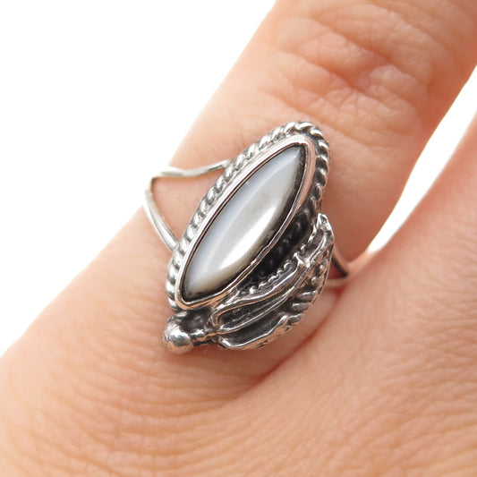 Old Pawn 925 Sterling Silver Vintage Southwestern MOP Feather Ring Size 4.5