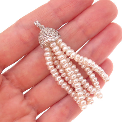 925 Sterling Silver Real Pearl & White Topaz Tassel Charm Pendant