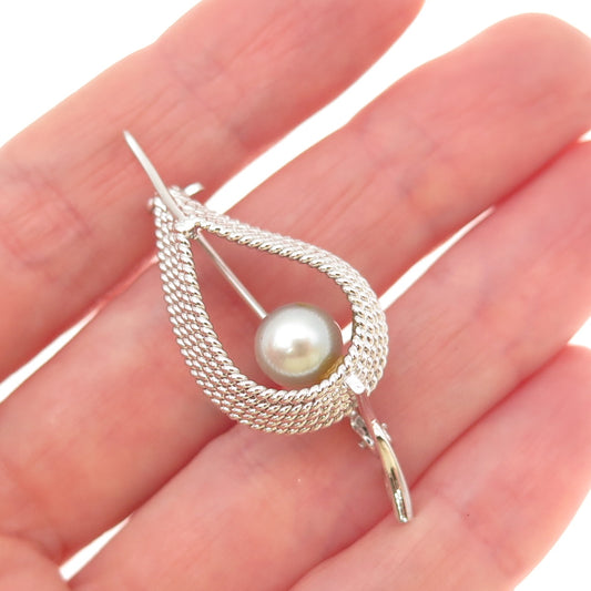 925 Sterling Silver Vintage Real Pearl Modernist Floral Pin Brooch