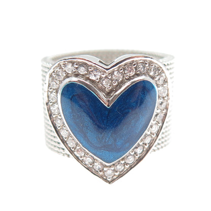925 Sterling Silver Enamel & Round-Cut C Z Heart Mesh Ring Size 8.25
