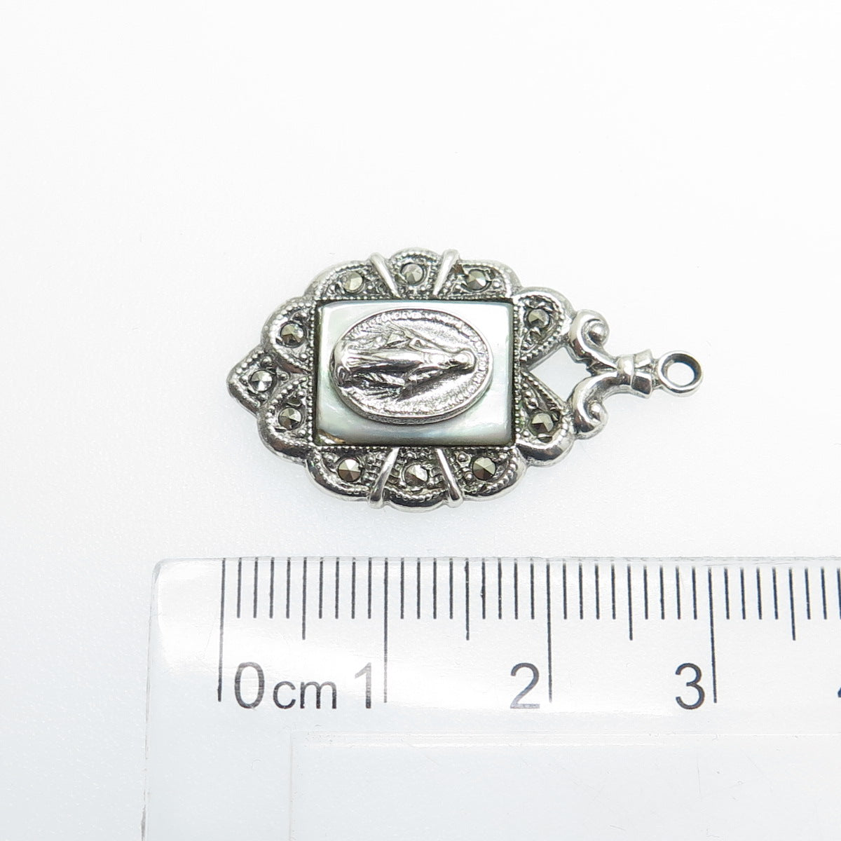 THEDA Sterling Silver Antique Real MOP & Marcasite St. Mary Religious Pendant