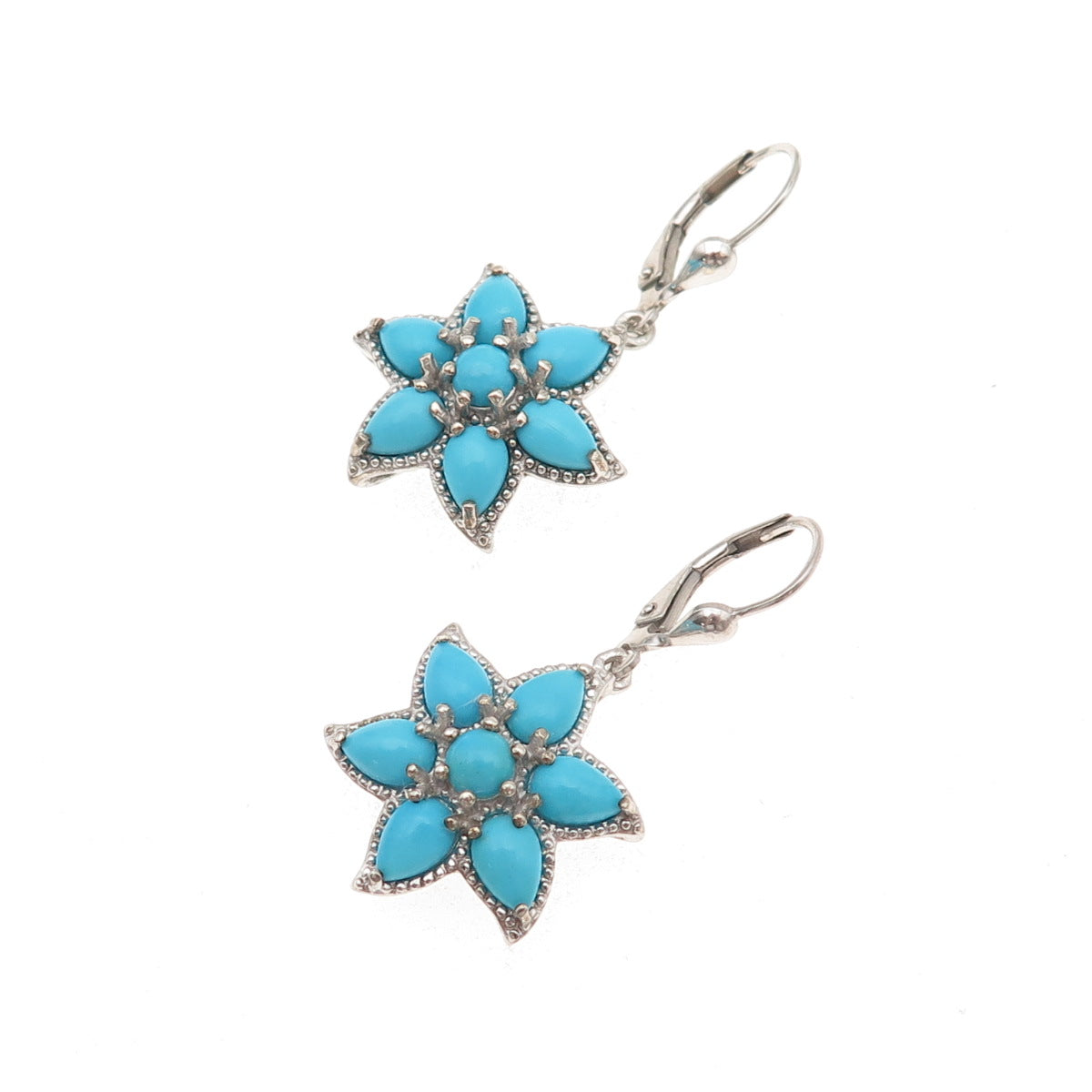D'Joy 925 Sterling Silver Real Sleeping Beauty Turquoise Floral Dangle Earrings