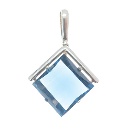 925 Sterling Silver Vintage Checkered Blue Glass Modernist Pendant