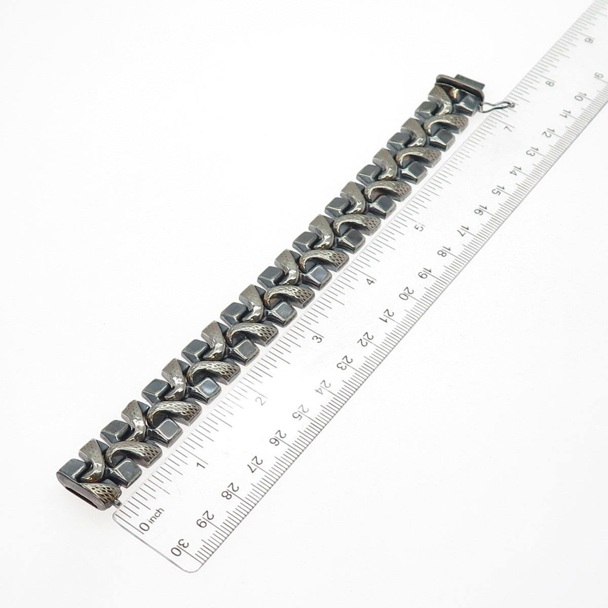 925 Sterling 2-Tone Vintage Italy Wavy Spine Link Hollow Oxidized Bracelet 7"