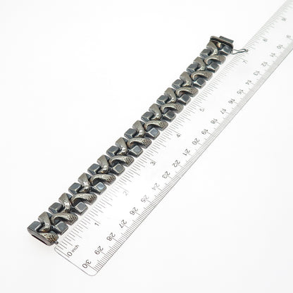 925 Sterling 2-Tone Vintage Italy Wavy Spine Link Hollow Oxidized Bracelet 7"