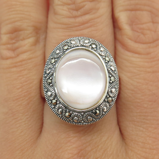 925 Sterling Silver Vintage Real Mother-of-Pearl Marcasite Gemstone Ring Size 8