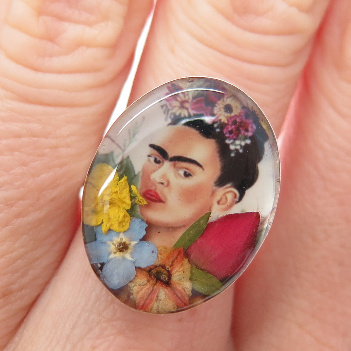 925 Sterling Silver Vintage Enamel Frida Kahlo Pressed Flowers Ring Size 6.75