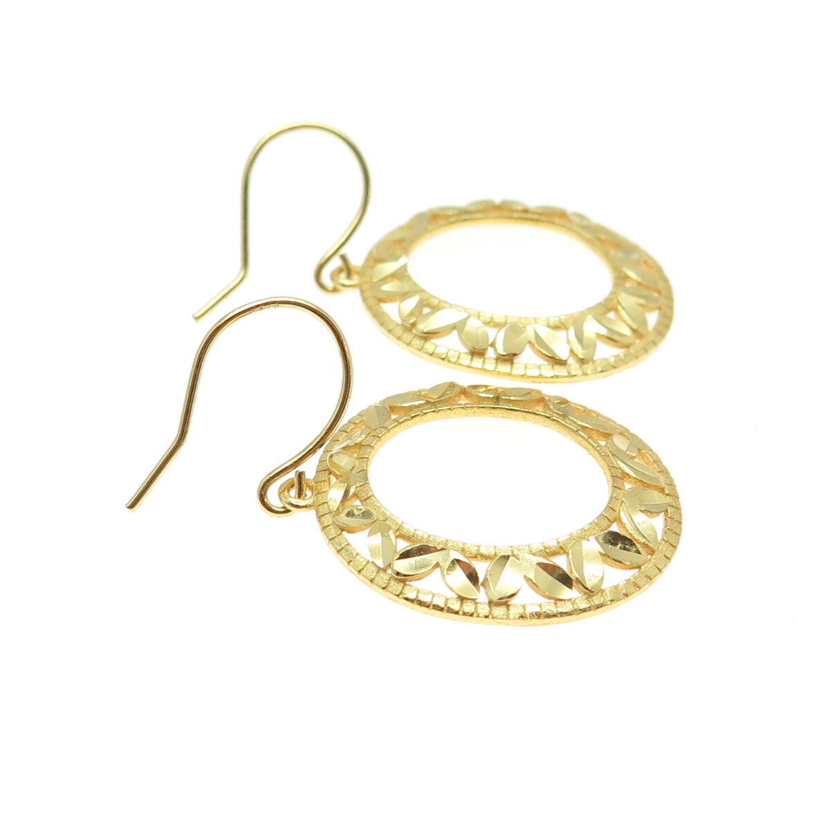 925 Sterling Silver Gold Plated Diamond-Cut Floral Leaf Dangle Earrings