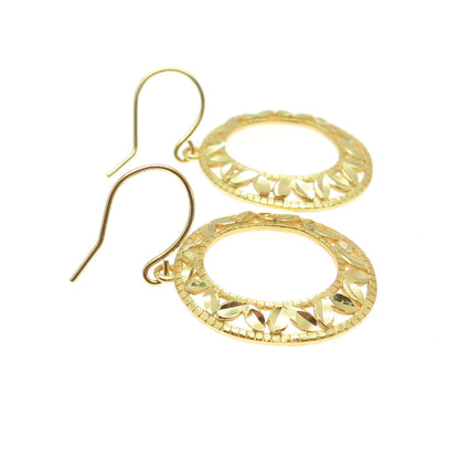 925 Sterling Silver Gold Plated Diamond-Cut Floral Leaf Dangle Earrings