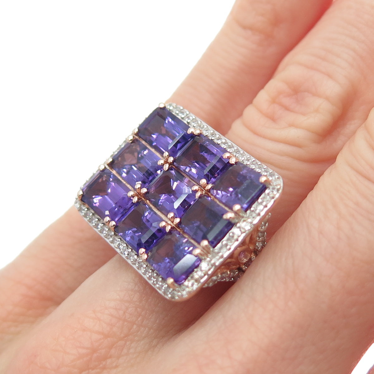 925 Sterling Silver Rose Gold Plated Real Amethyst & White Topaz Ring Size 5.25