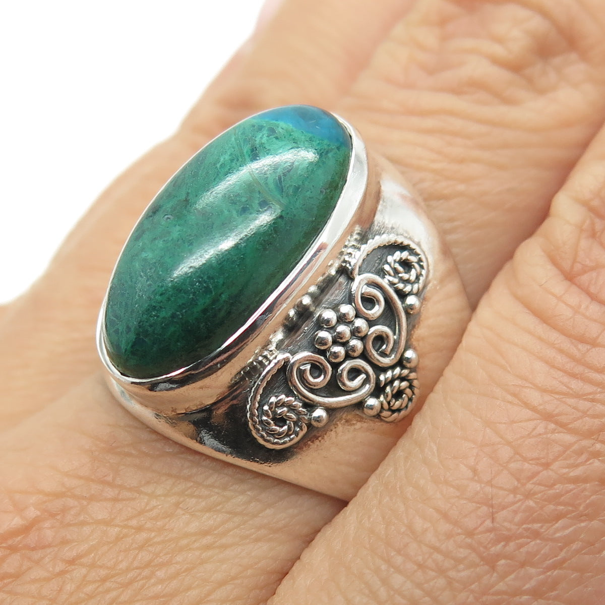 925 Sterling Silver Vintage Real Azurite Gemstone Boho Ring Size 10.25