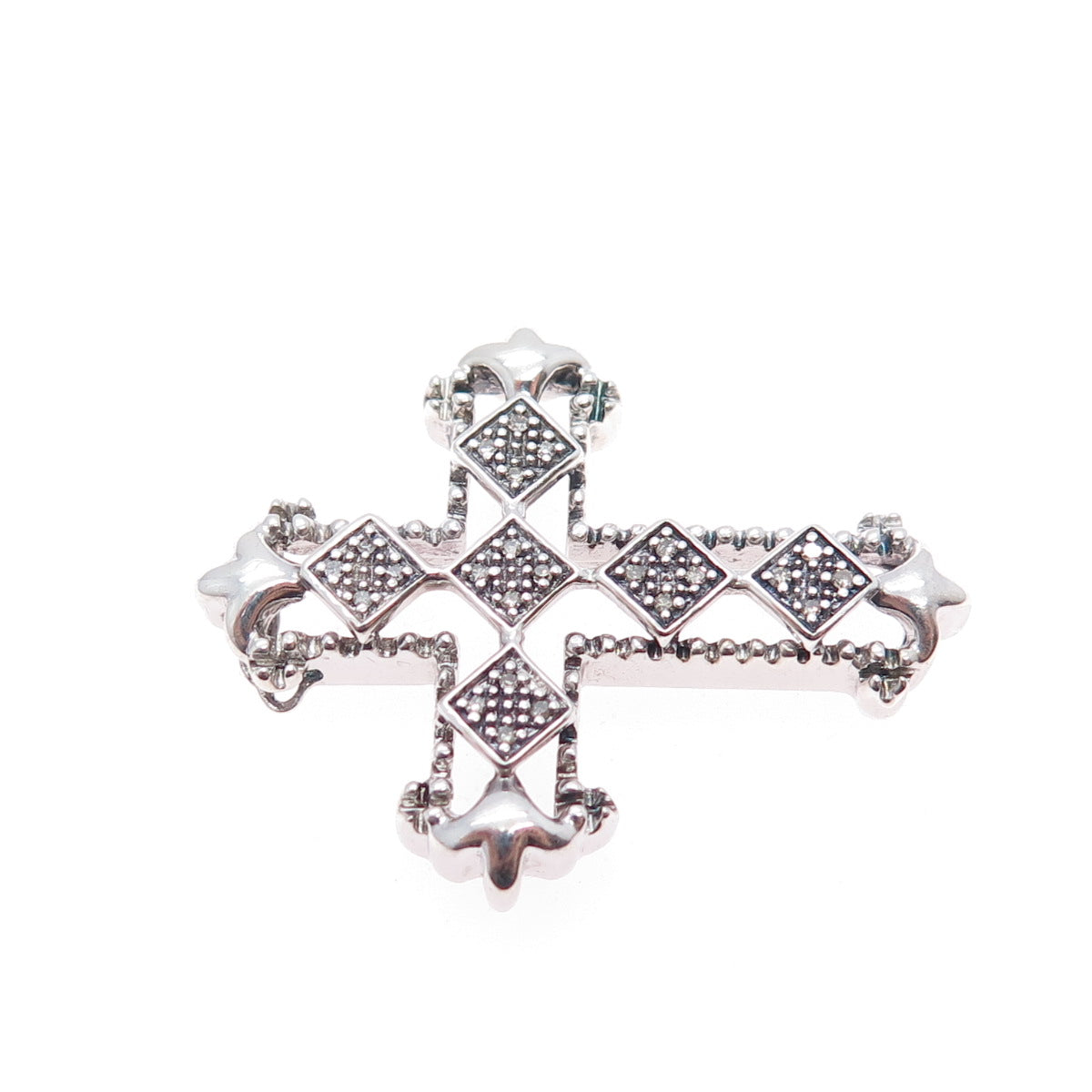 JANE SEYMOUR 925 Sterling Silver Real Diamond Cross Fleur de Lis Slide Pendant