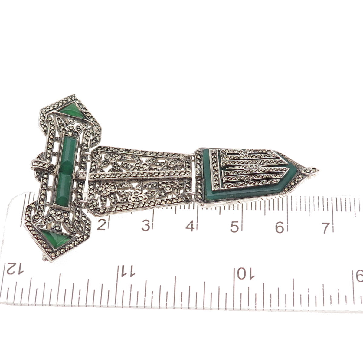 925 Sterling Antique Green Onyx Marcasite HWB Monogram Brooch (missing 9 stones)