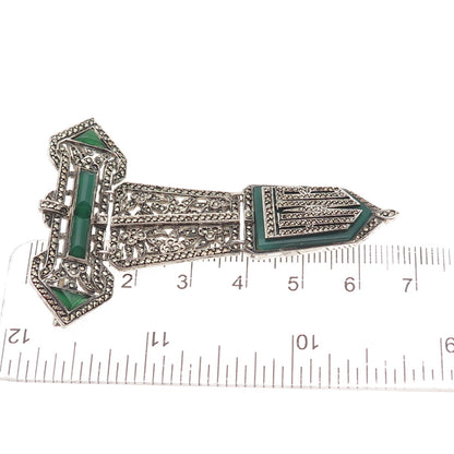 925 Sterling Antique Green Onyx Marcasite HWB Monogram Brooch (missing 9 stones)