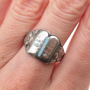 925 Sterling Silver Antique Art Deco Enamel Torah Judaica Oxidized Ring Size 8.5