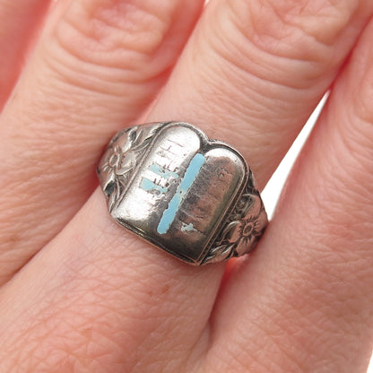 925 Sterling Silver Antique Art Deco Enamel Torah Judaica Oxidized Ring Size 8.5