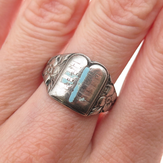 925 Sterling Silver Antique Art Deco Enamel Torah Judaica Oxidized Ring Size 8.5