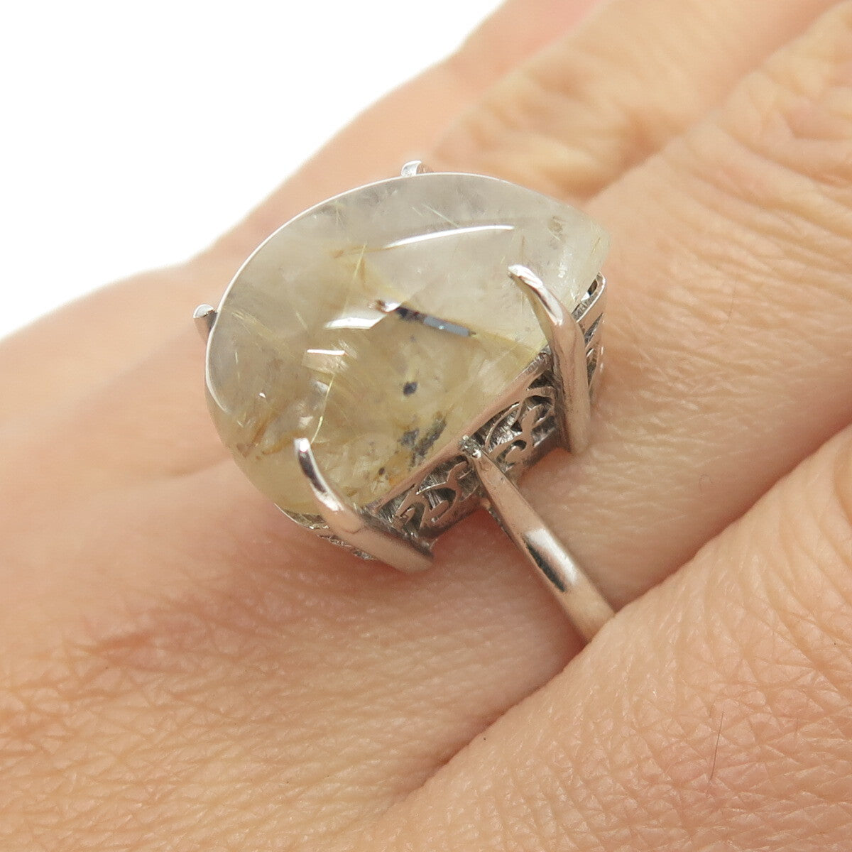 925 Sterling Silver Vintage Real Rutilated Quartz Ring Size 8.25