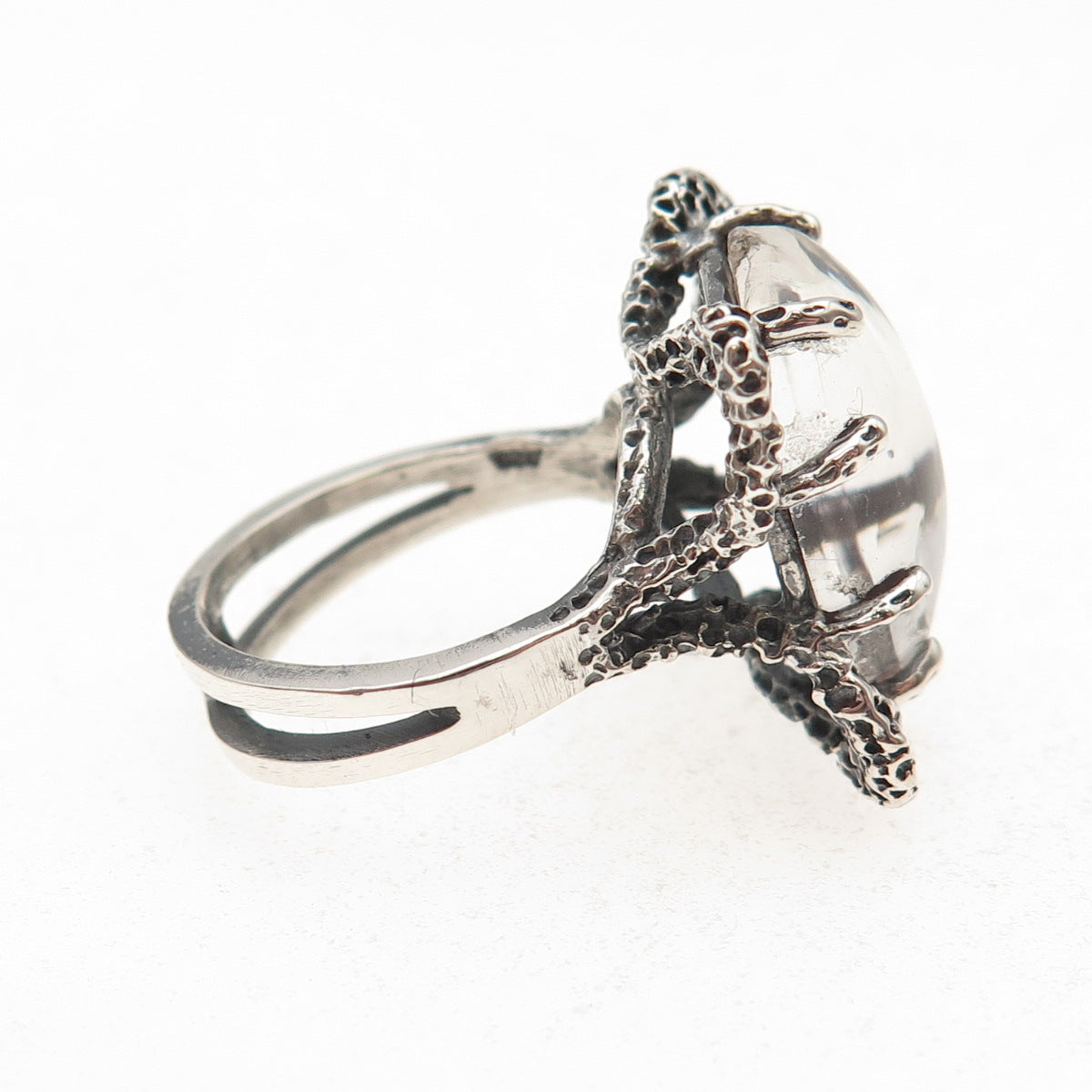 925 Sterling Silver Vintage Real Clear Quartz Modernist Oxidized Ring Size 5.5