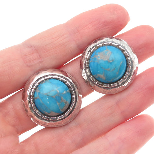 Cengiz 925 Sterling Silver Vintage Real Turquoise Modernist Clip On Earrings