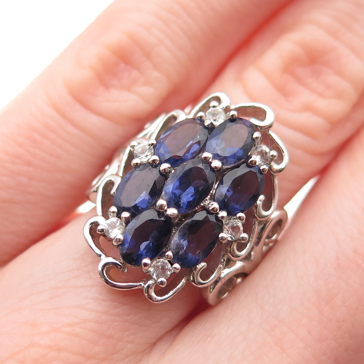 925 Sterling Silver Real Iolite & White Topaz Cluster Ring Size 6