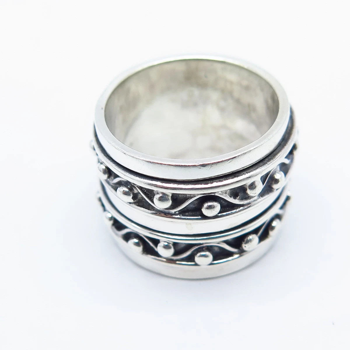 925 Sterling Silver Vintage Geo Art Beaded Wide Band Ring Size 5.5