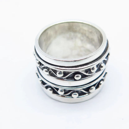 925 Sterling Silver Vintage Geo Art Beaded Wide Band Ring Size 5.5