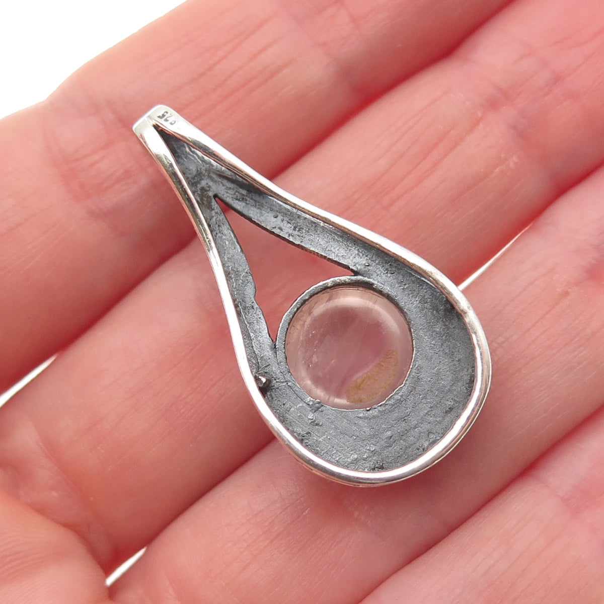 925 Sterling Silver Vintage Real Rose Quartz Heart Ornate Oxidized Slide Pendant