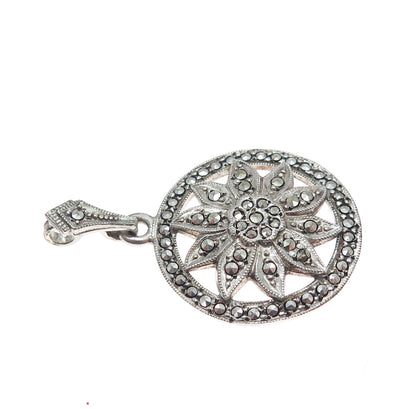 925 Sterling Silver Antique Art Deco Real Marcasite Flower Charm Pendant
