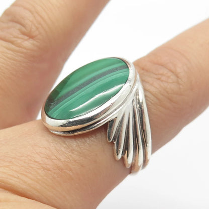 925 Sterling Silver Vintage Real Malachite Gemstone Ribbed Oval Ring Size 7.75
