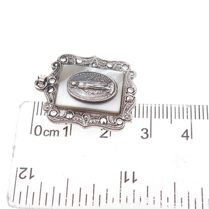 925 Sterling Silver Antique Art Deco Real MOP & Marcasite St. Mary Charm Pendant