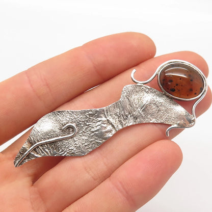 925 Sterling Silver Vintage Real Agate Gemstone Modernist Pin Brooch