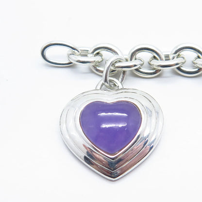 925 Sterling Silver Vintage Lilac Chalcedony Gem Heart Rolo Link Bracelet 7"