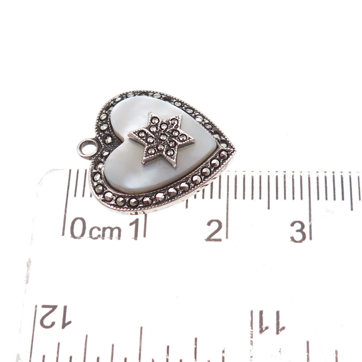 925 Sterling Antique Art Deco Real MOP & Marcasite Star of David Heart Pendant