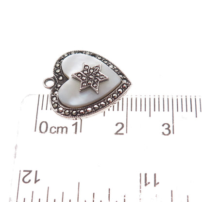 925 Sterling Antique Art Deco Real MOP & Marcasite Star of David Heart Pendant