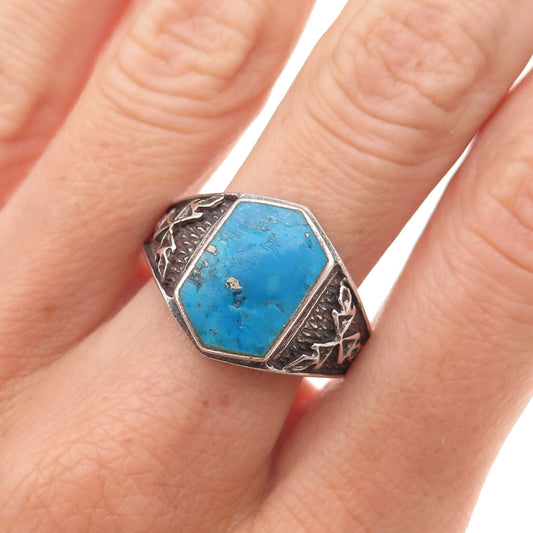 925 Sterling Silver Vintage Real Turquoise Floral Oxidized Ring Size 12