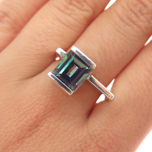 925 Sterling Silver Vintage Real Emerald-Cut Mystic Topaz Modernist Ring Size 8