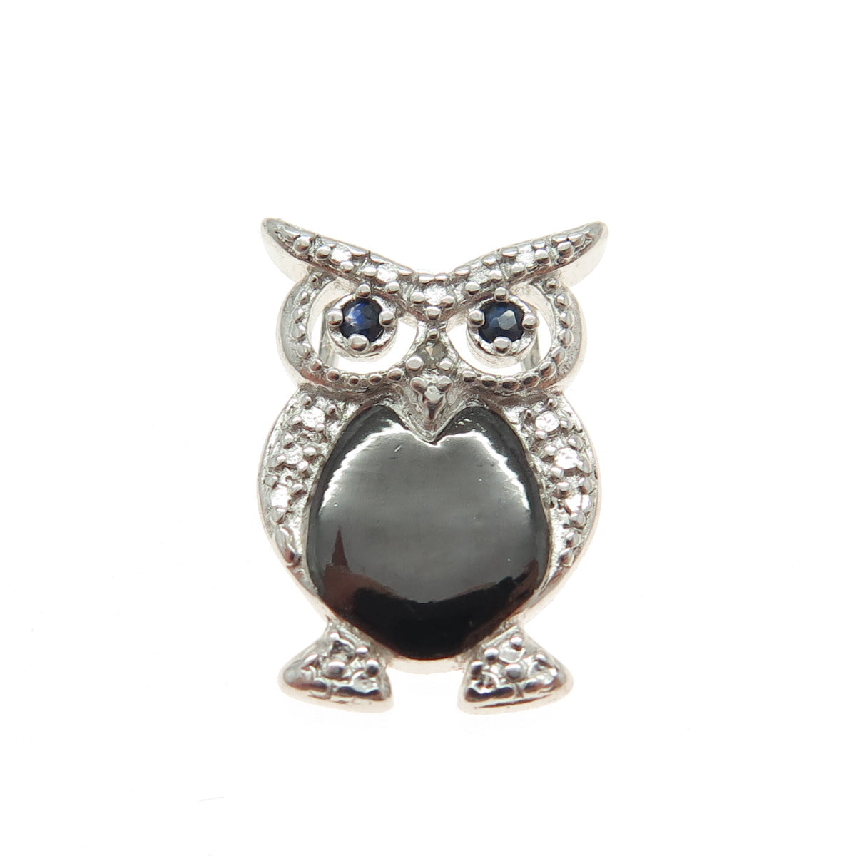 ROSS SIMONS 925 Sterling Silver Vintage Obsidian & Sapphire Gem Wise Owl Pendant