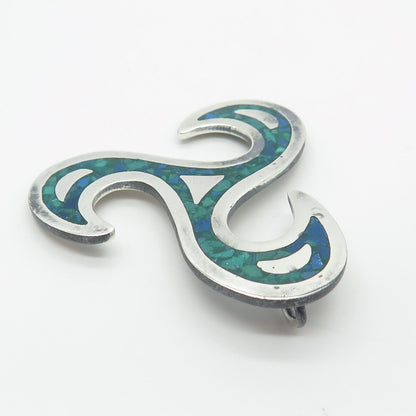 925 Sterling Silver Vintage Mexico Real Azurite Inlay Triskalion Celtic Pendant
