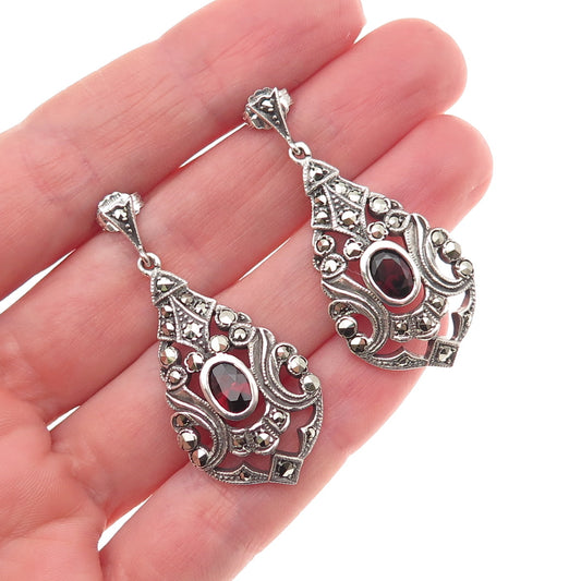 925 Sterling Silver Vintage Real Red Garnet & Marcasite Oxidized Dangle Earrings