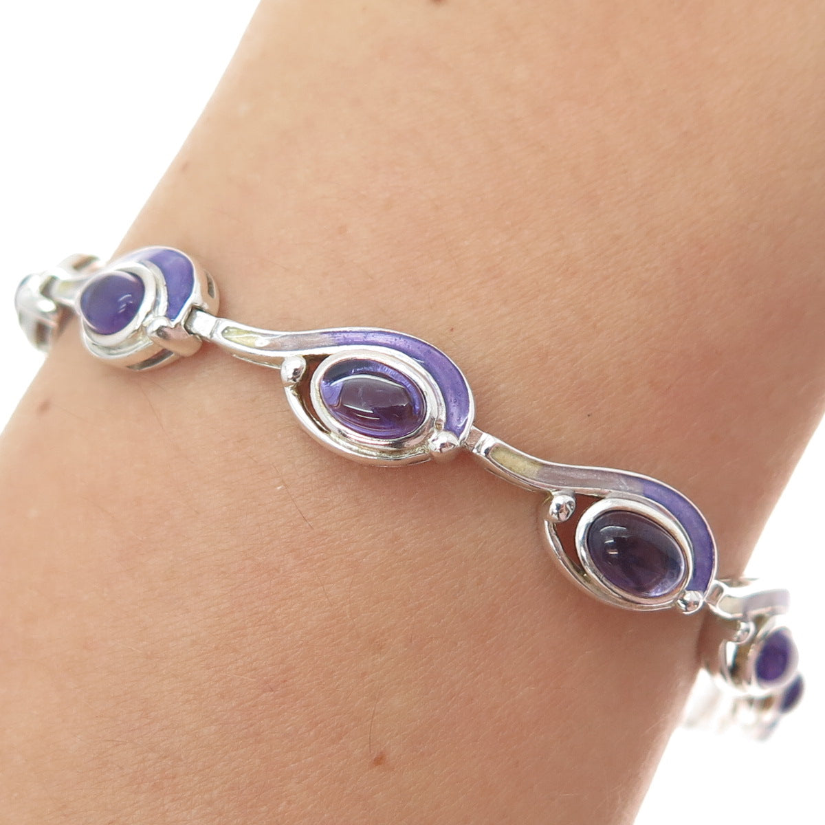 ROSS SIMONS 925 Sterling Silver Vintage Enamel Real Amethyst Bracelet 8.25"